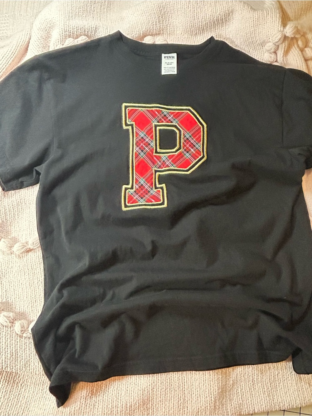 PINK Victoria's Secret oversized Black Tee with Red Plaid 'P' and Gold Trim